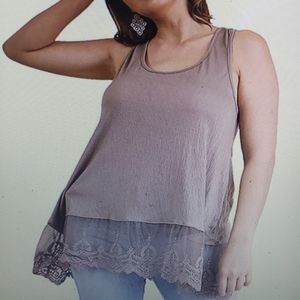 Umgee USA Lace Trim Tank Mocha New Plus Size